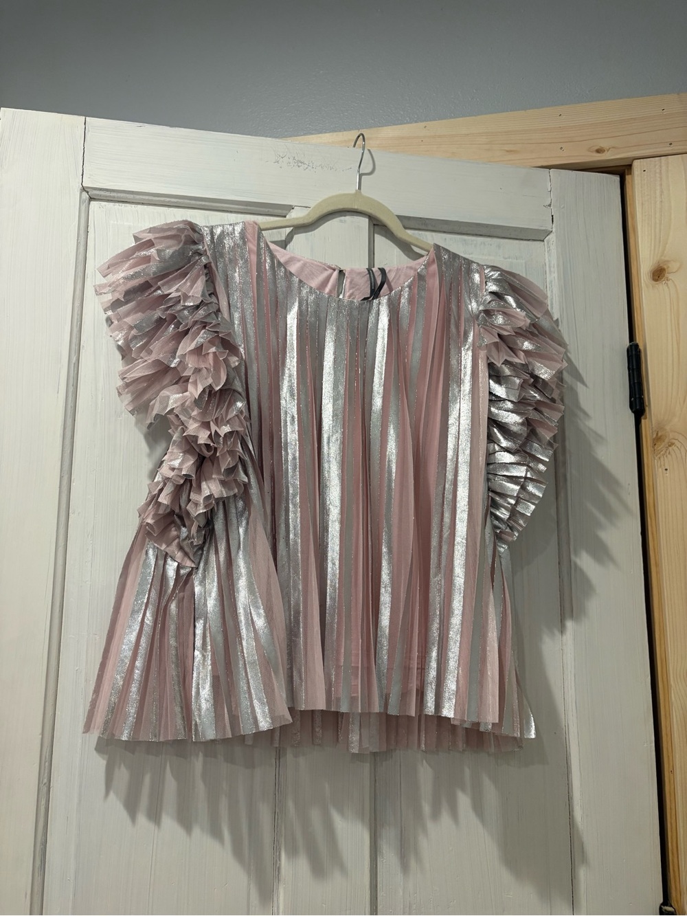 Anthropologie Pink and Silver Pleated Ruffle Sleeve Top